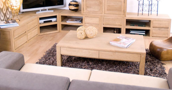 Meuble bas écologique de salon avec 2 tiroirs en bois contemporain