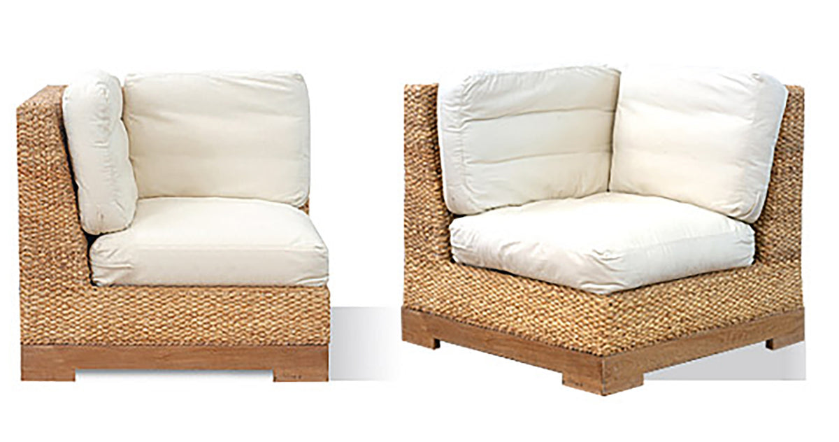fauteuils d’extérieur en jacinthe d'eau naturelle déhoussable, structure bois, coloris au choix