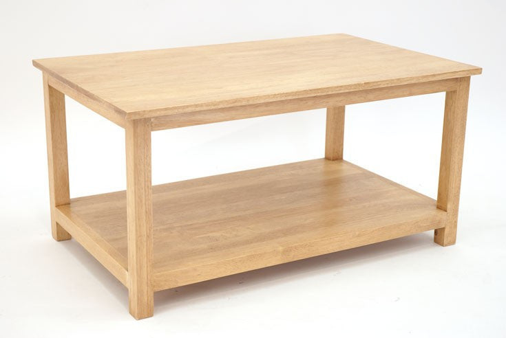Table basse 2 plateaux en bois, finition naturelle imperméabilisée, rectangulaire style épuré.