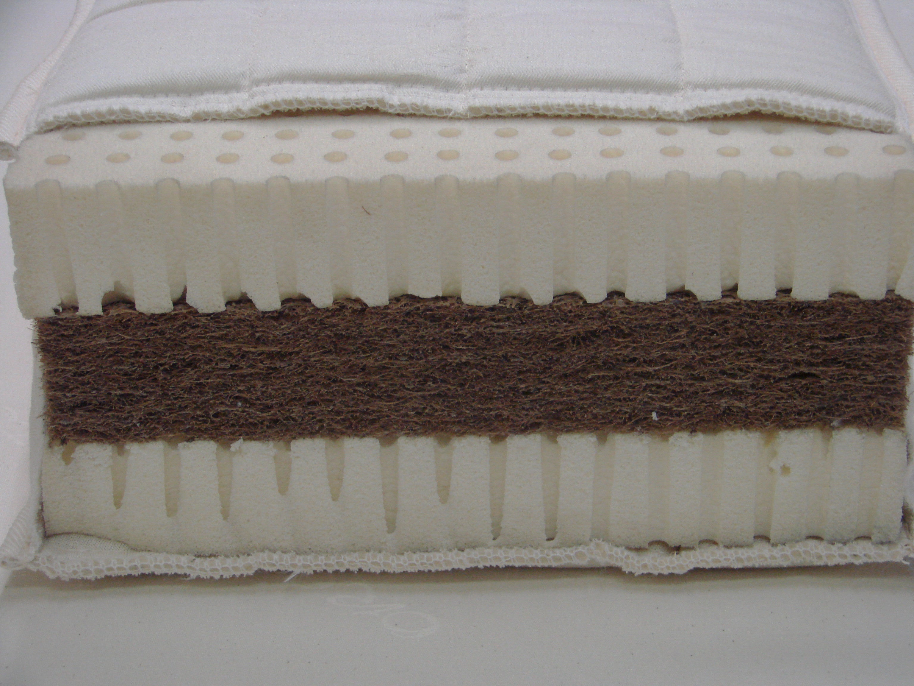 Coupe d'un matelas ferme en latex et fibre de coco naturels certifié GOLS - confort ferme