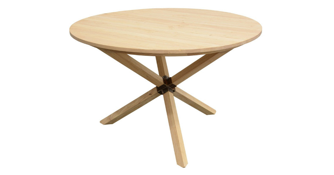 Table à manger ronde en bois massif huilé naturel de 120 cm, piètement croisé élégant et robuste. Finition sans COV ni formaldéh