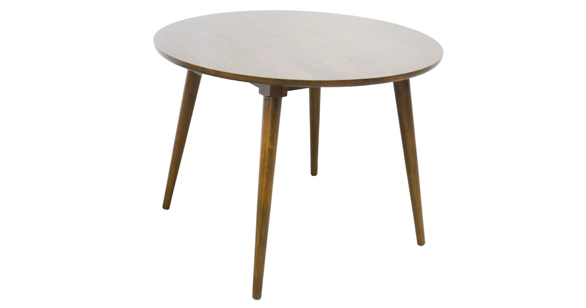 Table ronde contemporaine en bois massif huilé naturel avec pieds inclinés style compass. Décliné en bois teinté