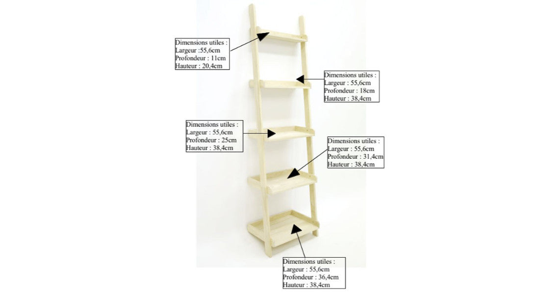 Étagère en bois clair écologique peu encombrante avec cinq étagères, dimensions utiles en cm. 60cm de large