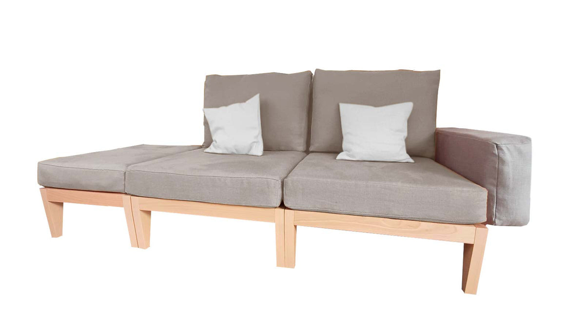 Canapé méridienne en bois naturel clair en lin et matériaux naturels très qualitatifs, très modulable,  Made in France bio.