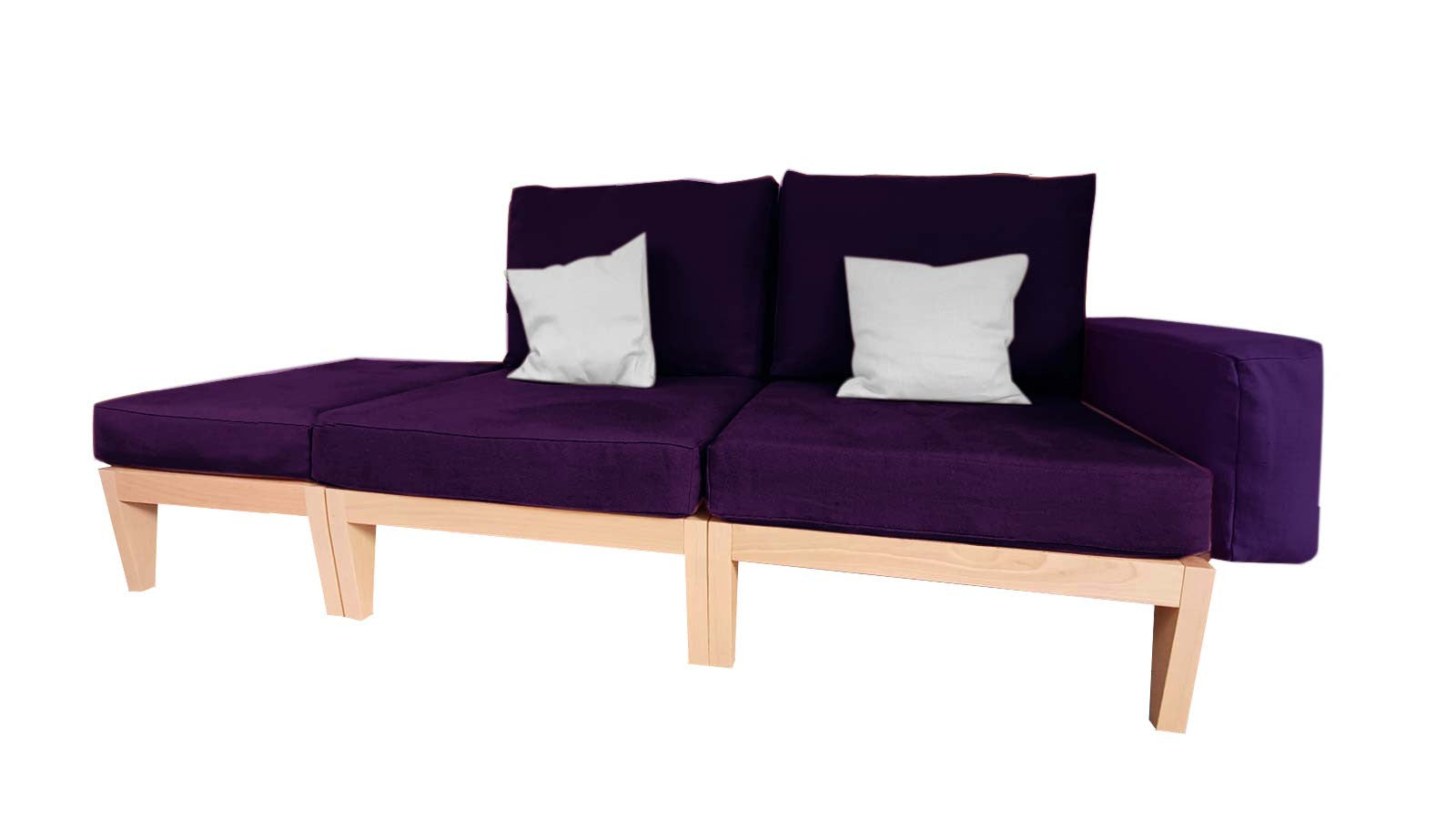 Canapé modulable en bois naturel avec assises et dossiers en chanvre naturel aubergine BIO, structure épurée, légère et robuste.