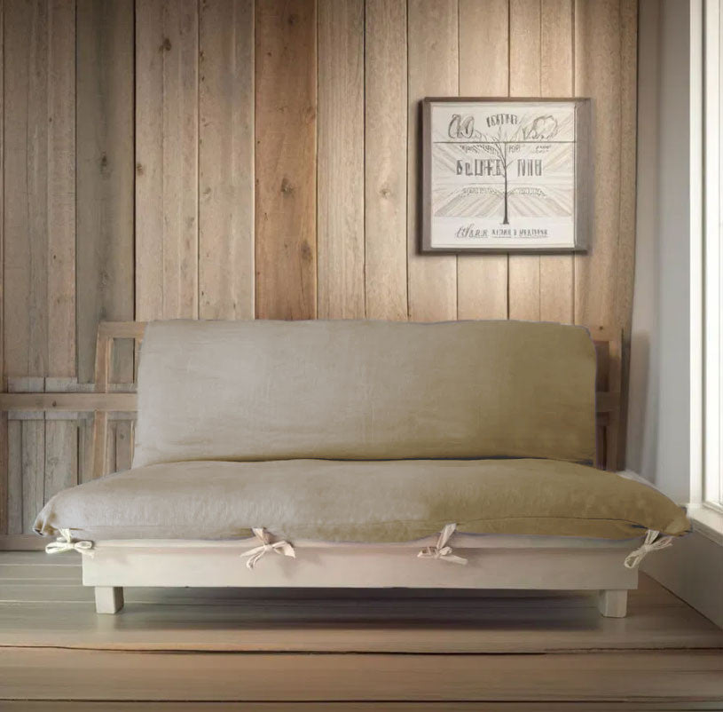 Canapé lit naturel en hêtre massif avec futon coton bio et lin français