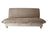 Banquette convertible en lit avec tiroirs de rangement, coussins beige et base en bois clair.