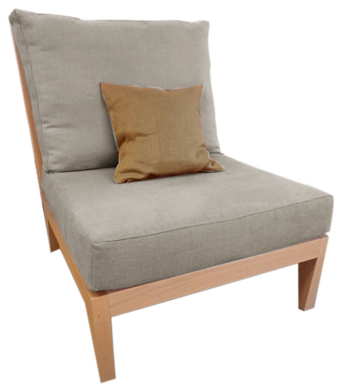 Chauffeuse en bois naturel avec un revêtement en lin ou chanvre naturel, style canapé lounge, Made in France, bio.