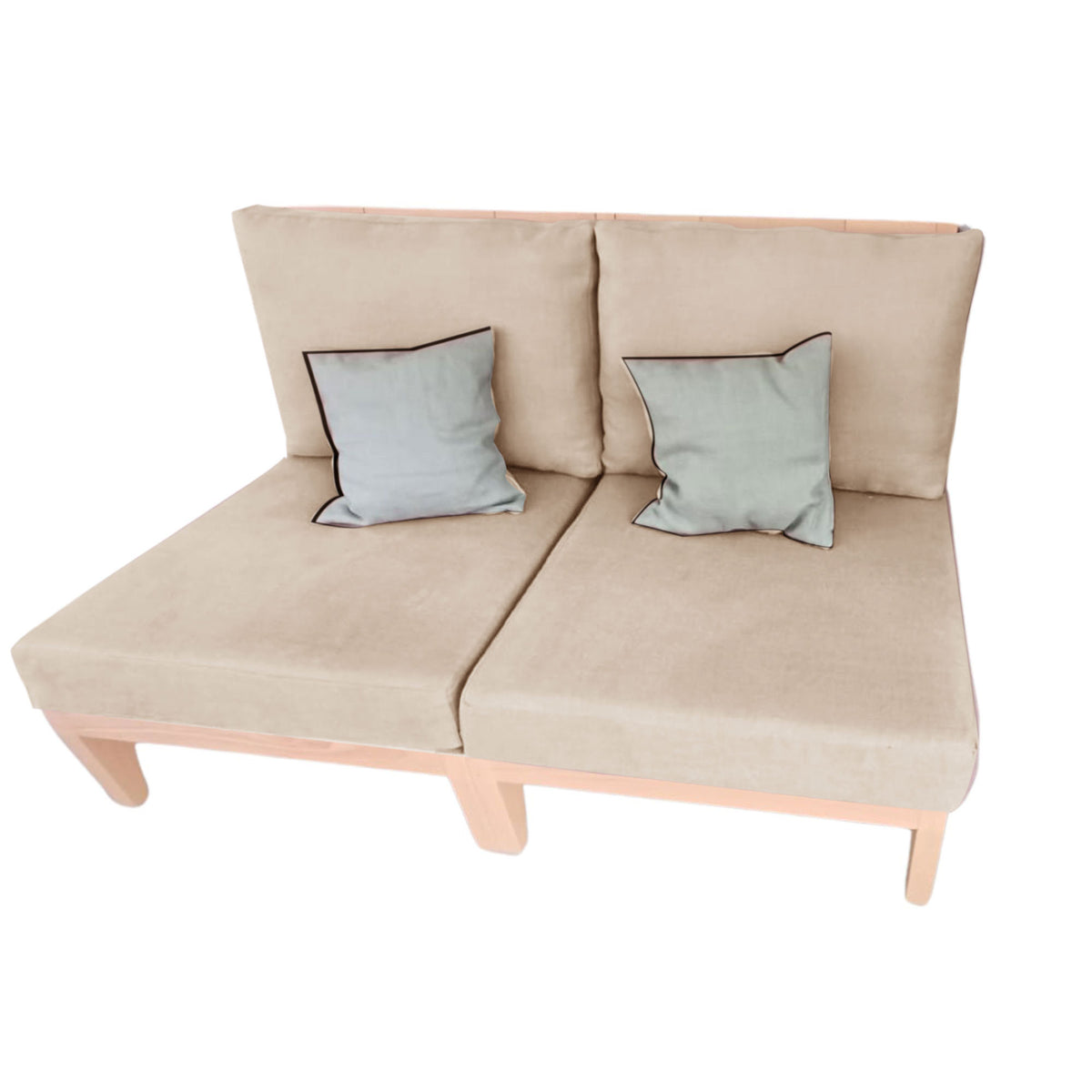 Canapé ou 2 chauffeuses indépendantes en bois naturel avec assise beige et dossiers coussins, lin, kapok, latex BIO, légères à d