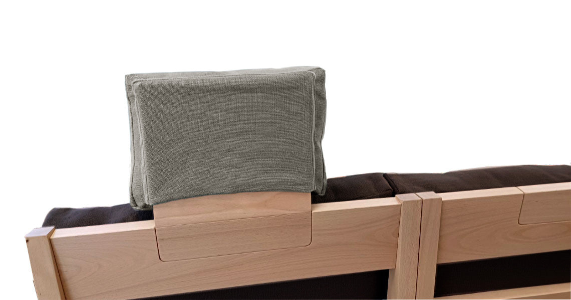 Appui-tête en bois naturel avec coussin en lin sable amovible, rembourré en matériau naturel et déhoussable - Made in France.