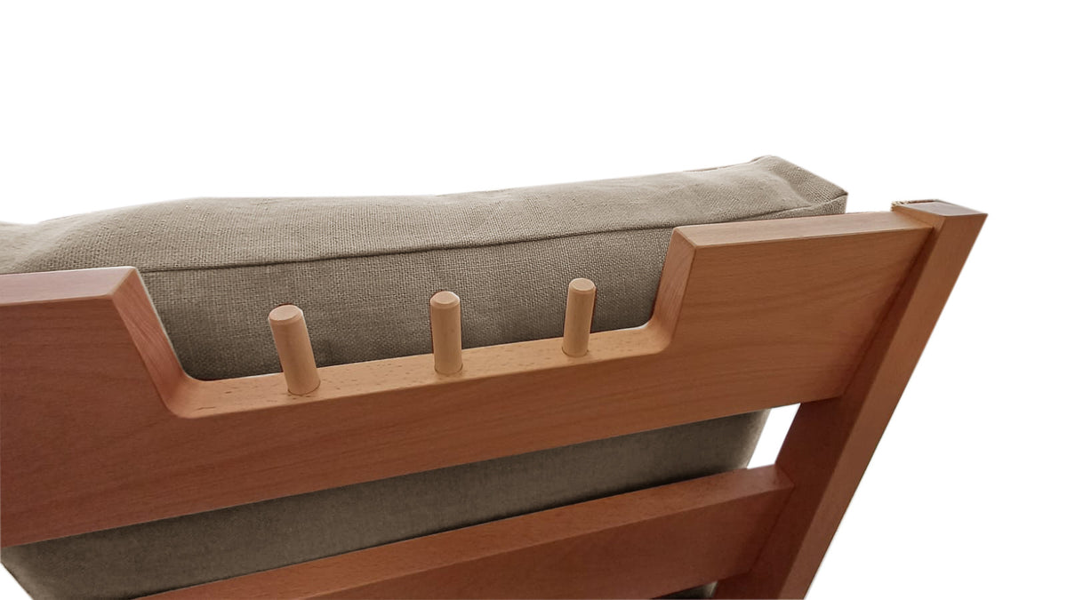 Appui-tête en bois naturel avec coussin en lin beige en kapok, déhoussable et lavable, modulable - fabrication française