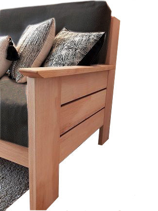Accoudoir de canapé en bois clair, revêtement en lin gris anthracite/café, déhoussable et lavable. Ecoconçu