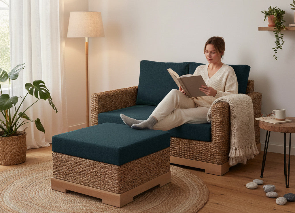 Canapé en rotin avec ottoman assorti, coussins en chanvre vert épicéa bio, ambiance naturelle et chaleureuse pour votre bien-êtr