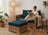 Canapé en rotin avec ottoman assorti, coussins en chanvre vert épicéa bio, ambiance naturelle et chaleureuse pour votre bien-êtr