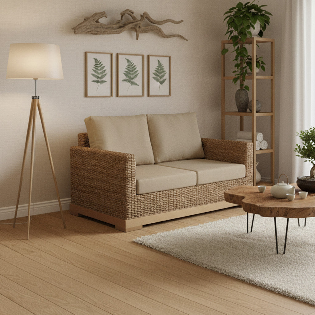 Canapé petit et confortable en rotin naturel avec coussins beige en lin français BIO, salon écologiste et chaleureux, déhoussabl