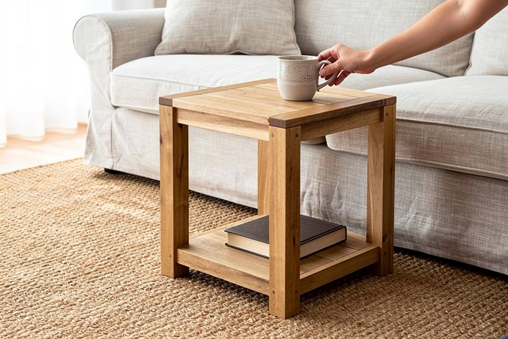 Petit meuble bas écologique en bois massif d'hévéa naturel, avec tablette inférieure, posé près d'un canapé; tasse sur le platea