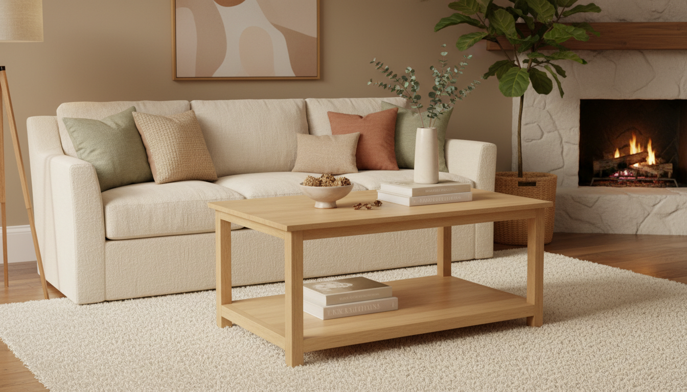 Table basse écologique en bois d'hévéa clair huilée dans un salon beige avec canapé et cheminée au décor naturel. Sans COV