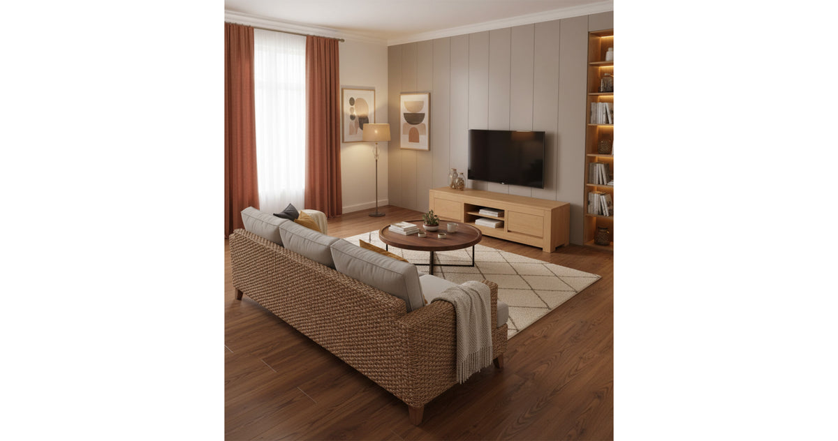 Meuble TV écologique en bois clair massif dans un salon moderne: canapé en osier, TV sur meuble, étagères lumineuses et rideaux